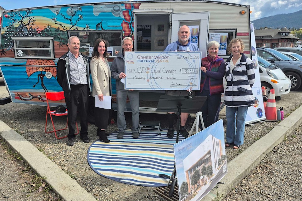 Couple Janet Armstrong and Lloyd Davies (second and third from right, respectively) donate $70,000 to kickstart the Together 4 Culture fundraising campaign for the proposed Greater Vernon Cultural Centre. Accepting the donation Tuesday, April 22, are (from left): fundraising chair Pat Cochrane; Adrianna Stange from the Museum and Archives of Vernon; Bob Fleming, Greater Vernon Advisory Committee chair, and Sarah Kennedy from the Vernon Public Art Gallery.