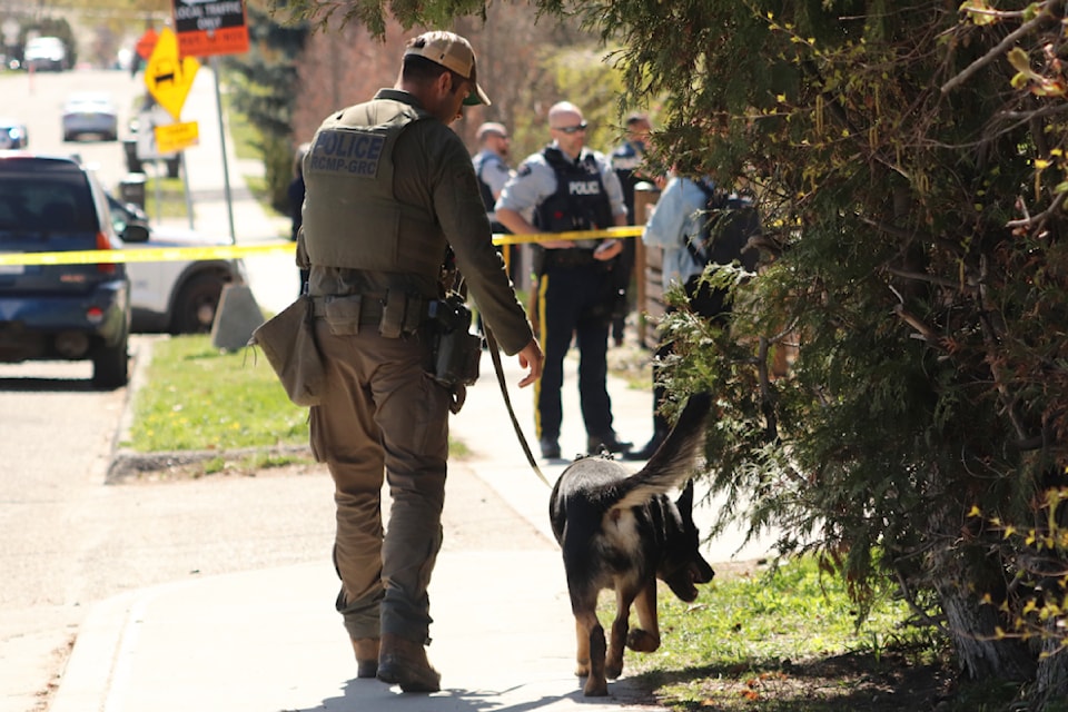 An RCMP canine unit assisted with a police investigation that was focused on a Harwood home on 25th Street in Vernon Wednesday, April 16, 2025. 