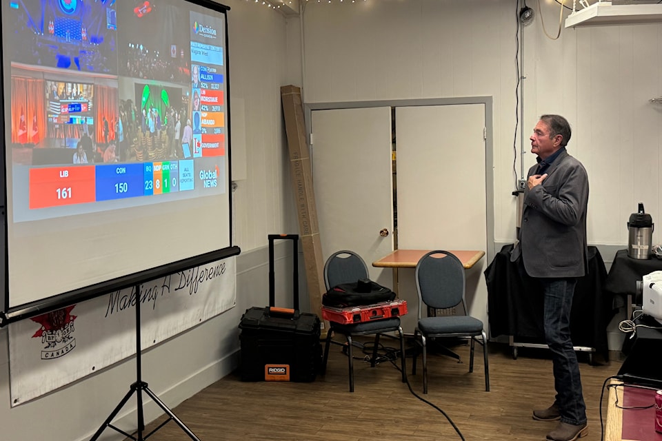 Scott Anderson watches the federal election results come in Monday from the Vernon Elks Lodge.