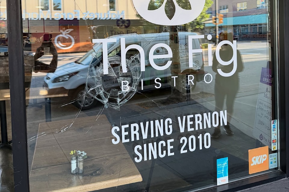 A broken window won't stop business as usual at The Fig in downtown Vernon Monday, Aug. 11.