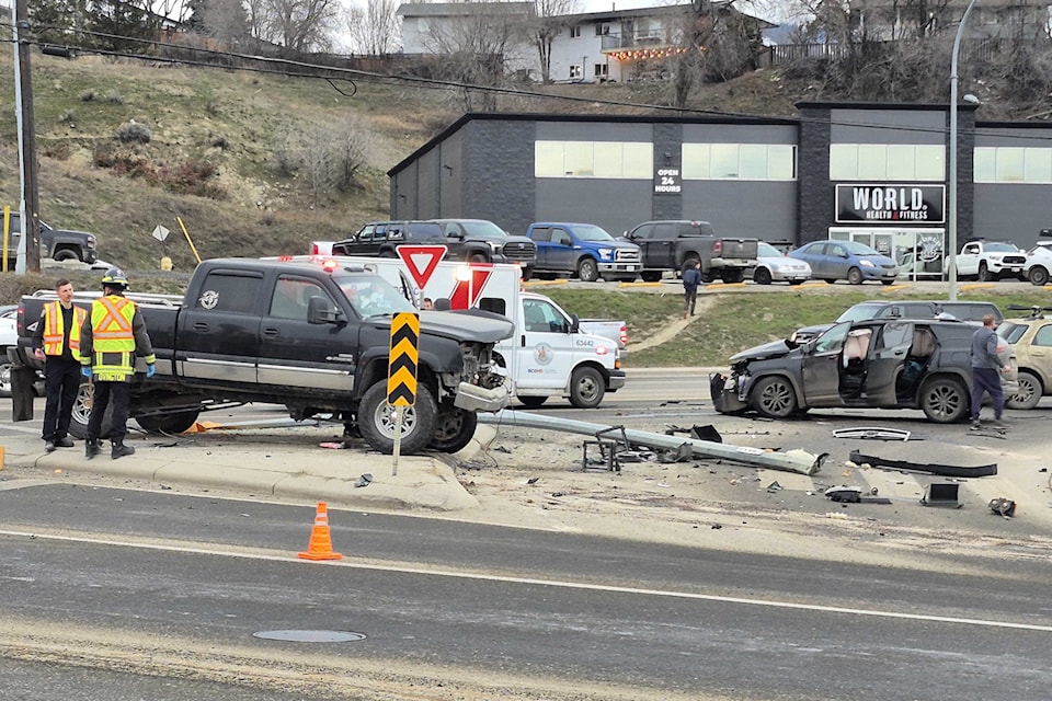 A light post is taken out by a crash involving a truck and car at Highway 6 and Kalamalka Lake Road Thursday, Jan. 30.