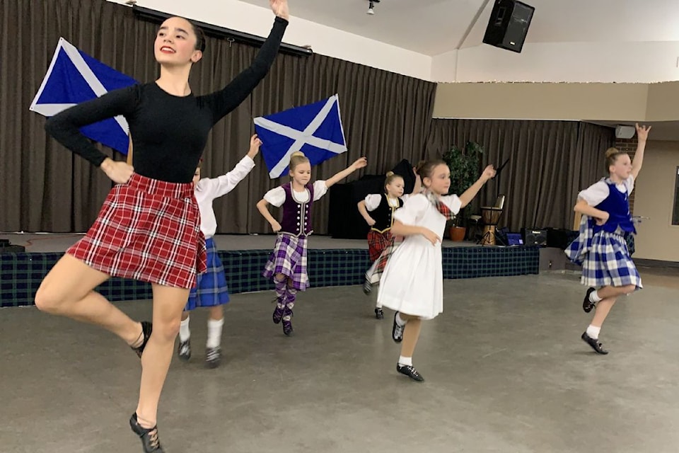 Rebecca Acob (left) and members of the Aviemore Dancers perform during a St. Andrew's Night celebration in Vernon. Vernon's Trinity United Church will host a Highland Dancing Competition Sautrday, Feb. 22, from 9 a.m. to 4 p.m.