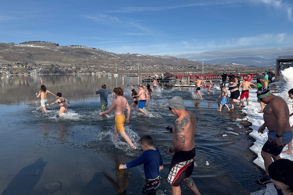 Dozens of people braved the frigid waters of Okanagan Lake for the annual Vernon Winter Carnival Polar Bear Swim Saturday, Feb. 15, 2025. 