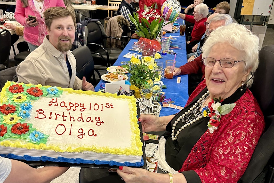 Vernon's Olga Andrushko (right) pictured with her grandson, Elias Andrushko. Olga celebrated her 101st birthday with friends and family Saturday, Feb. 22, 2025. 