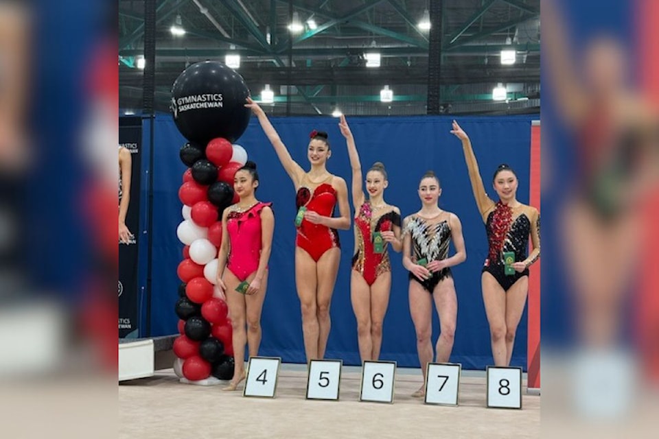 Five members of the Okanagan Rhythmic Gymnastics Club in Vernon competed at the Elite Canada national team trials in Regina. Noelle Brierly (second from left) was named to the Canada High Performance Team Pool, the 25th consecutive year a member of the Okanagan Rhythmic Gymnastics Club has been selected. ORG members that took part included Brierley, Clara Cox, Leila Girard, Camille Hardy, and Pippa Hardy.