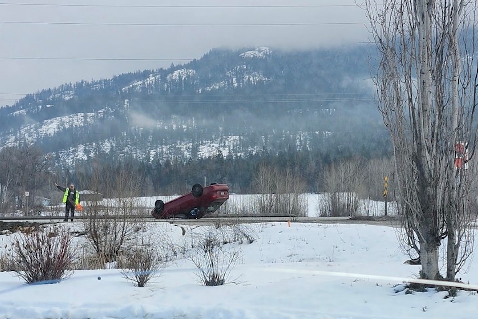 A car flipped on Highway 97A near Armstrong Feb. 20, 2025.