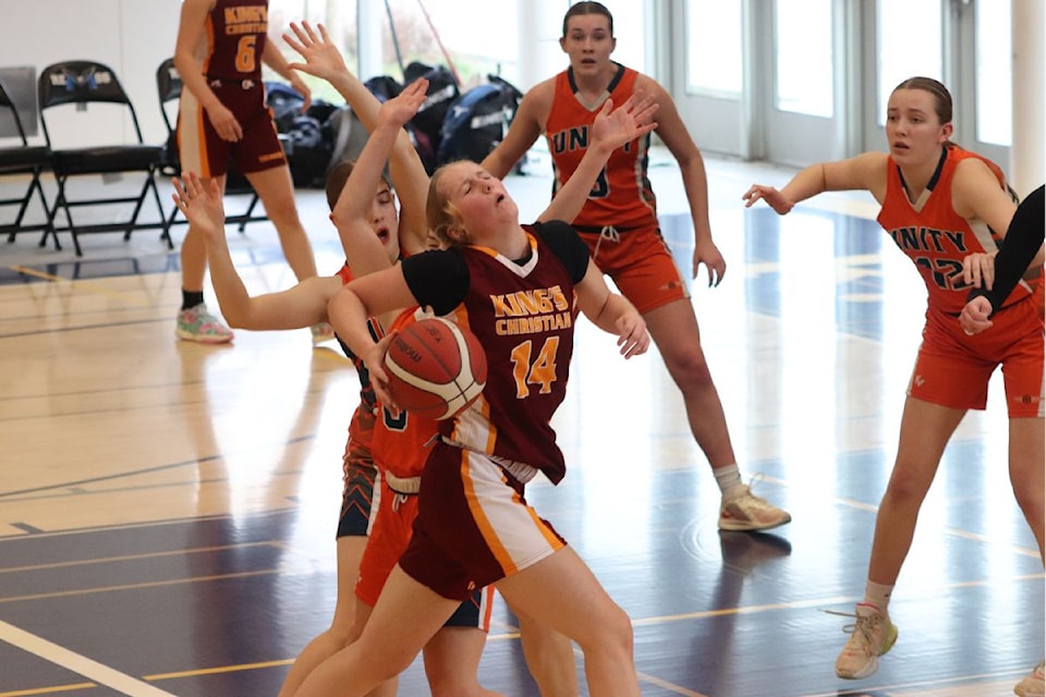 Star Moriah Jansen of Salmon Arm's King's Christian Thunder was hounded all game by a stingy Unity Christian Flames team. The Flames beat the Thunder, 42-37 in the quarterfinals.  
