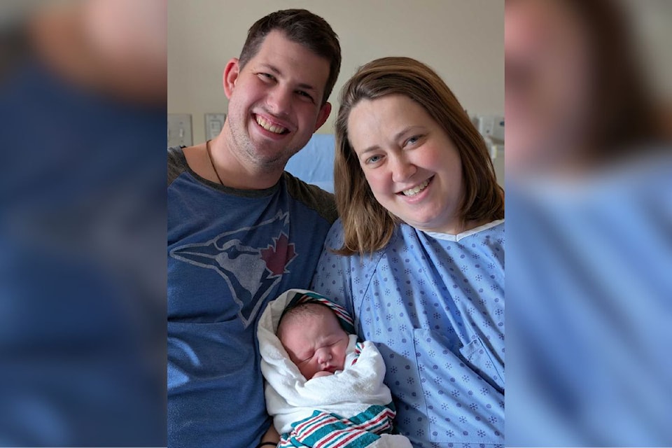 Enderby's Chase Ladyka (left) and Cassandra Larson are the beaming parents of the first baby of 2025 born at Vernon Jubilee Hospital. Chase Kelvin arrived at 1:07 a.m. Jan. 1.