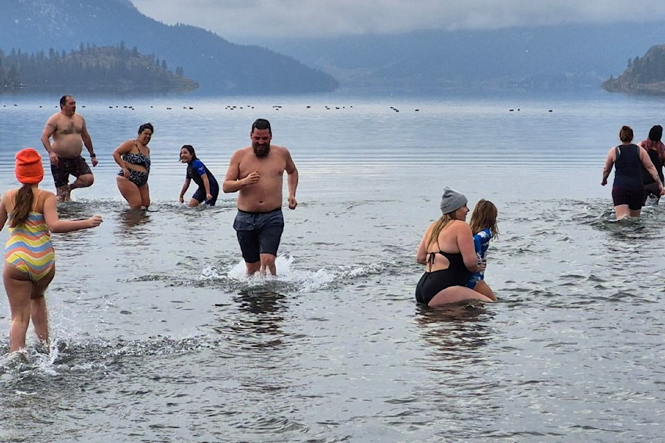 North Okanagan residents started 2025 off with a dip into the cool waters of Kalamalka Lake Wednesday, Jan. 1. Nobody made it out as far as the birds.