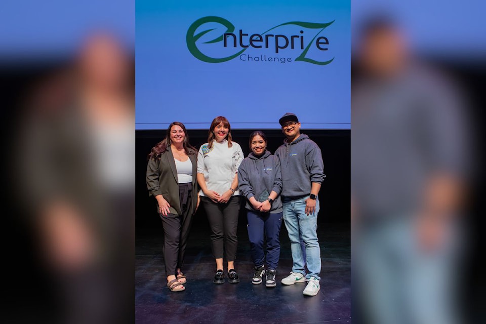 Jenna Smith (Sage Dental Hygene, from left), Gaby Flores (Baking Time), and the duo of Precious Gatpandan and RJ San Jose (Errands and Beyond) were the top three finishers in the 2024 Enterprize Challenge, sponsored by Community Futures North Okanagan.