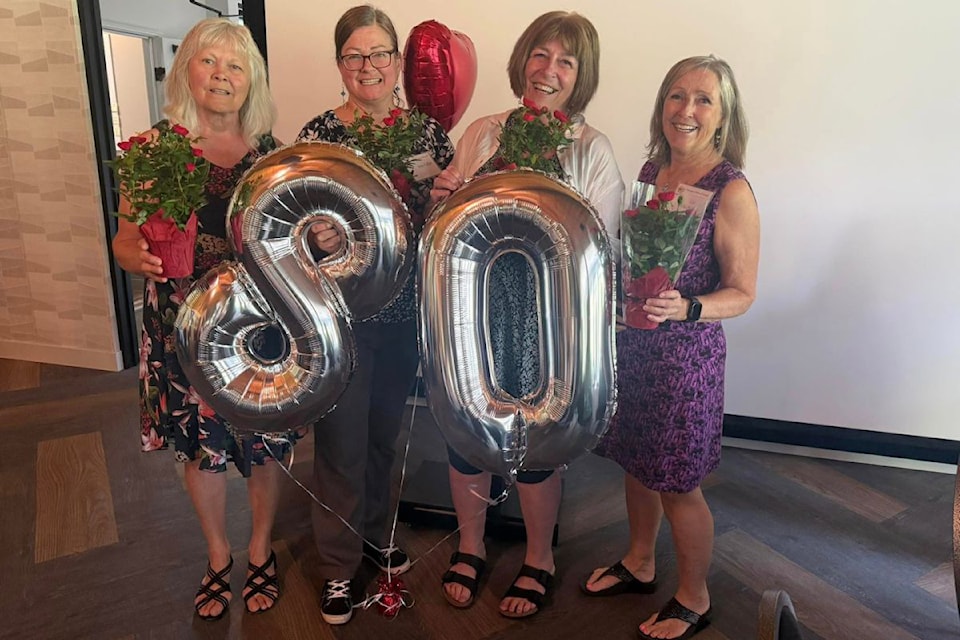 The Okanagan Artists of Canada Society recently celebrated its 80th anniversary with a special luncheon at the Vernon Golf and Country Club. The executive includes (from left) Karen McFarlane (treasurer), Kris Fuller (president), Patricia Doyle (VP), and Liz MacArthur (secretary) (Missing is Debbie Ferguson- membership).