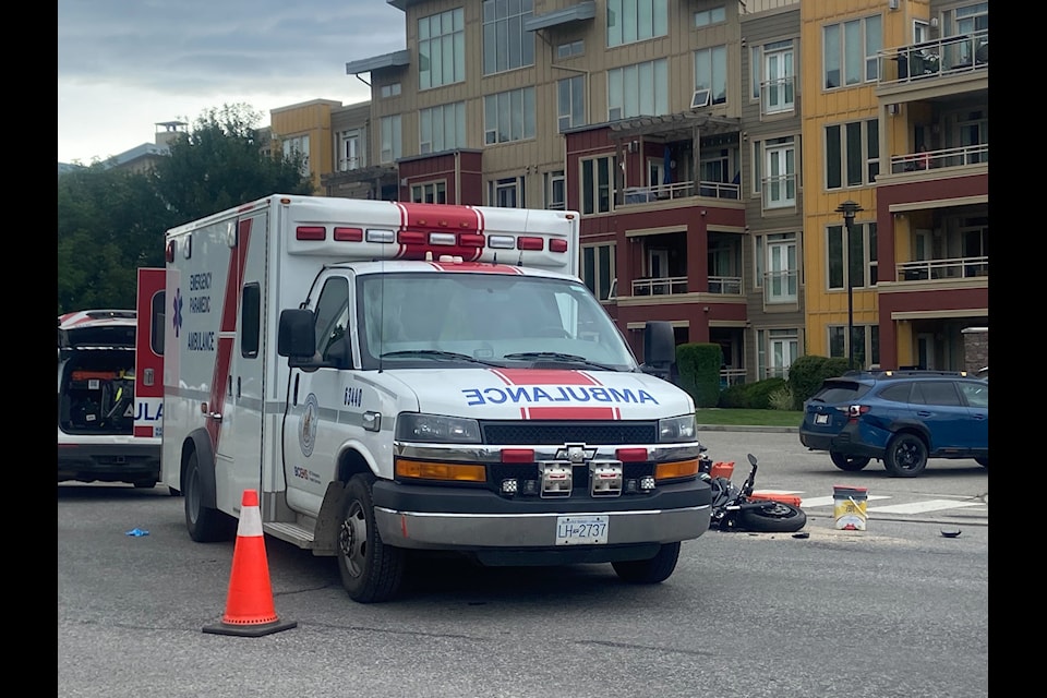 A motorcyclist and a vehicle crashed on Okanagan Landing Road in front of The Strand Monday, July 14.