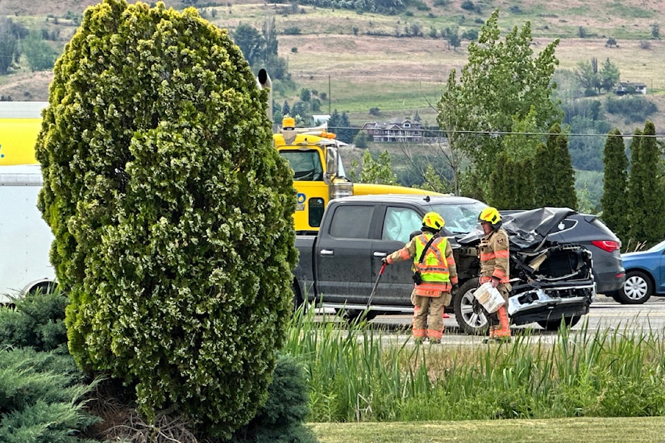 A truck pulling a cargo trailer sustained serious damage in a crash June 16 on Highway 97.