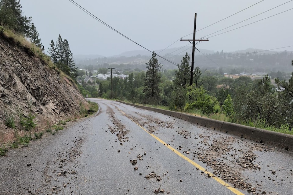 Debris scattered on Oyama Road in Lake Country was due to significant rain washing it onto the roadway from the ditches, the district said Friday, June 20, 2025. 