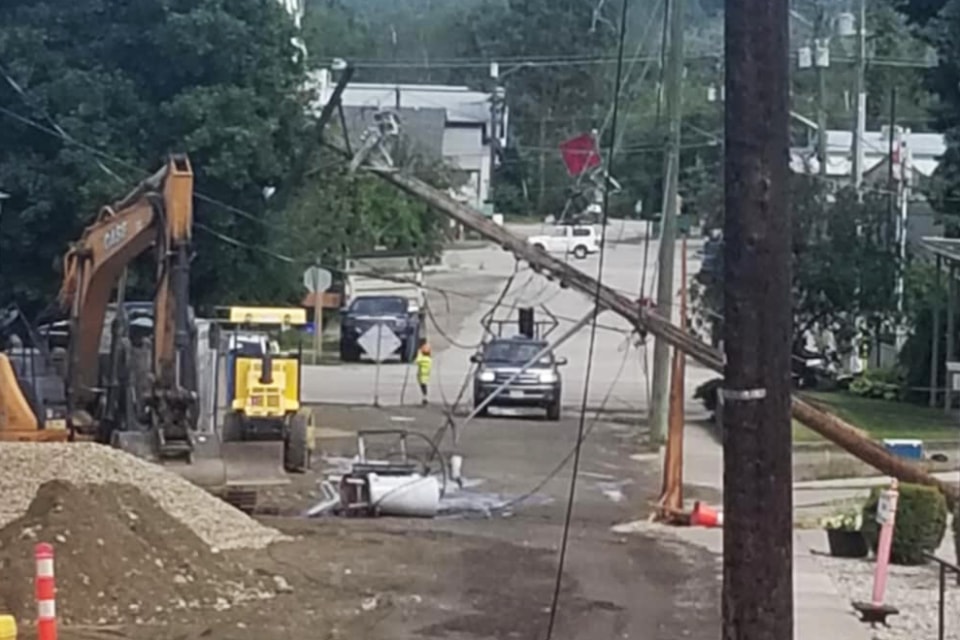 A power pole was struck by a vehicle causing an outage in Enderby Saturday, June 28, 2025. 