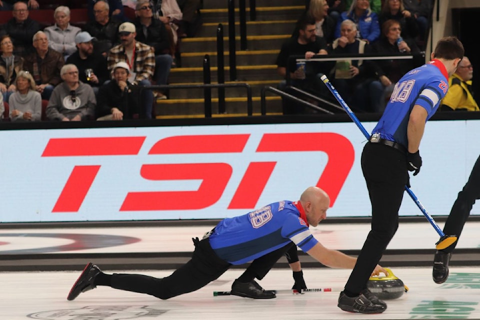 Skip Kevin Koe's Alberta team was in a dogfight with Manitoba's Reid Carruthers. Carruthers would prevail in an extra end, 5-4.
