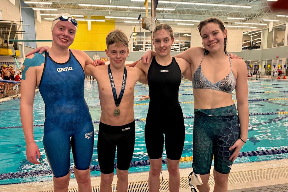 Hera Serzane, Emily Adam and Julia Russell all punched their ticket to provincials, swimming for the Vernon Kokanee Swim Club. Kaeden Uesson (second from left) also secured a provincial spot. 