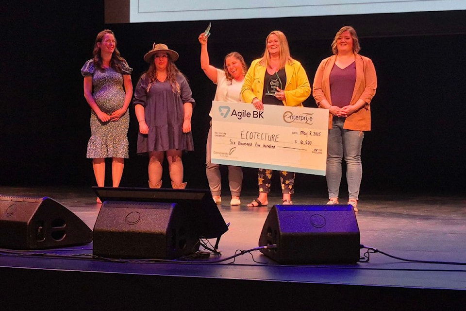 Vernon's Dora Anderson and Ecotecture (second from right) was the winner of the 2025 Enterprize Challenge Thursday, May 8, at the Vernon Performing Arts Centre. The other finalists included (from left): Kylee Howard, Vicky's Play Place; Kaitlyne Peden, Sweetpea Farms; Shelley Lavigne, North Okanagan Consulting; and Amber Wetherill, Your Friendly Dev.