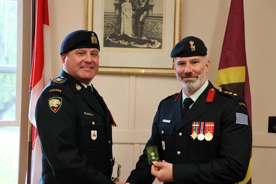 Lt. Col. Wade Peters (Left) receives his promotion from Colonel Paul Lindsay, Commander of the 39 Canadian Brigade Group at Vernon Military Camp May 3, 2025.