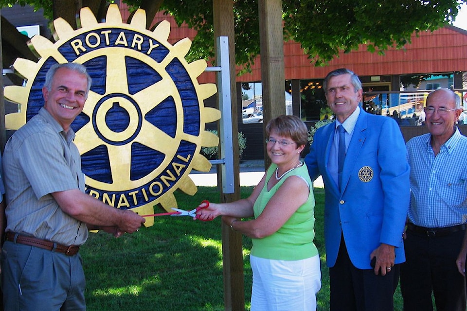 Rotary Club of Vernon president Carol Schroeder (second from left) is joined by Wayne Lippert (from left), Russell Shortt, and Byron Beck as the Rotary Centennial Park is officially opened at the intersection of 32nd Street and 43rd Avenue in 2005. The Rotary Club of Vernon will celebrate 100 years of Service Above Self with a special celebration Saturday, May 24, from 10:30 a.m. to 12:30 p.m., at the Vernon Library.