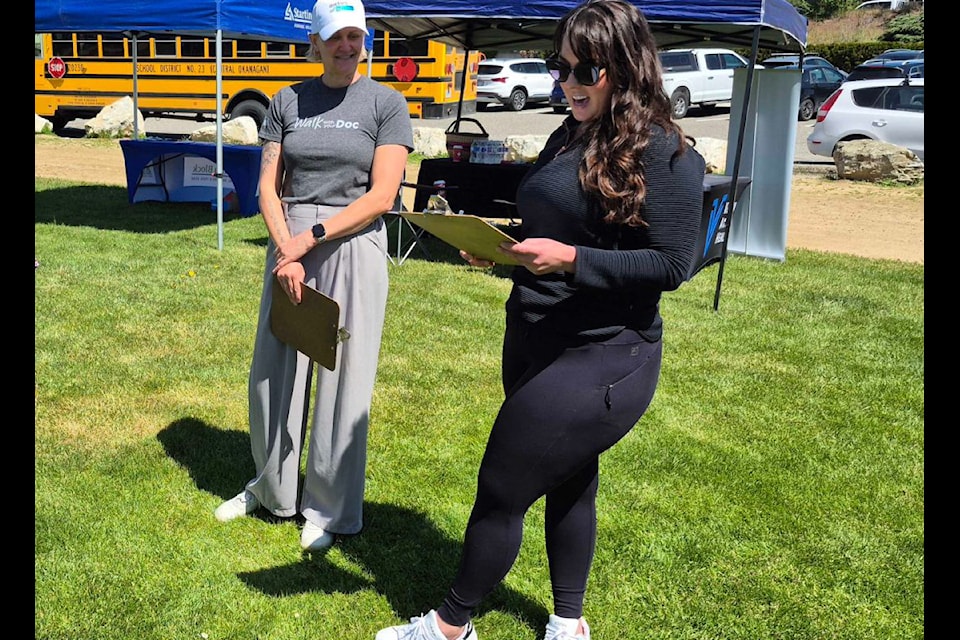 Vernon Active Health clinic manager Amanda Pinsonneault (right), and Tasha Gagne from Doctors of BC, welcomes people to the third annual Walk With Your Doc event Thursday, May 15, at Vernon's Polson Park.