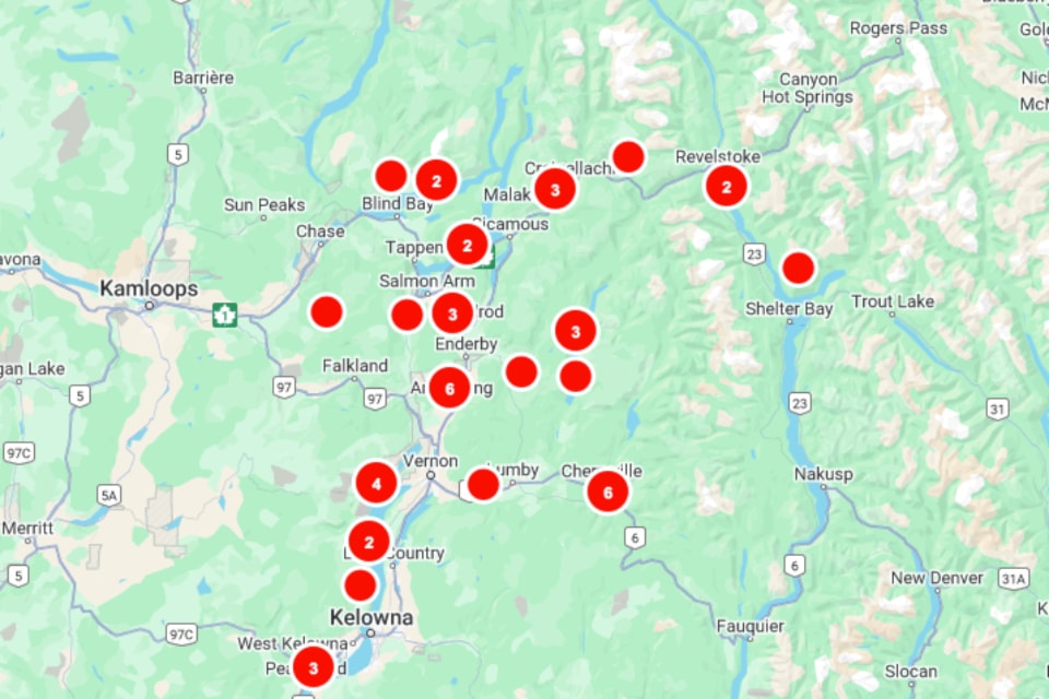 More than 40 power outages are in the Okanagan and Shuswap regions Saturday, May 31, 2025. 