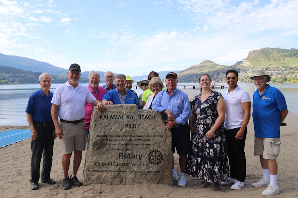 Local Rotary club members and Coldstream officials gathered at the newly constructed Kalamalka Beach Pier, which was rededicated Saturday, May 31, 2025. 