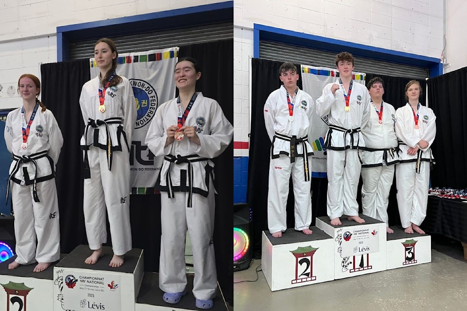 Jill Donald (second from left) won gold in the junior power breaking category, while Jack Sharkey (third from right) won gold in the junior male sparring category. 