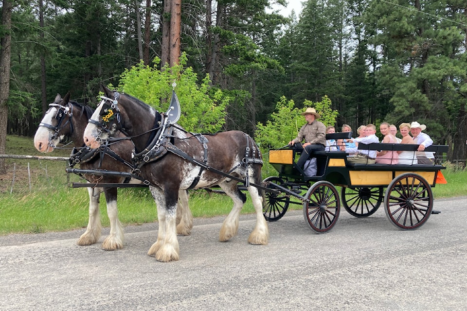 Horse Drawn Okanagan will bring a pair of Clydesdale teams and hitch them up to an old-fashioned wagon for Dads and Drafts on Father's Day, Sunday, June 16, at Timber Ridge Trails near Lumby. (Horse Drawn Okanagan photo)