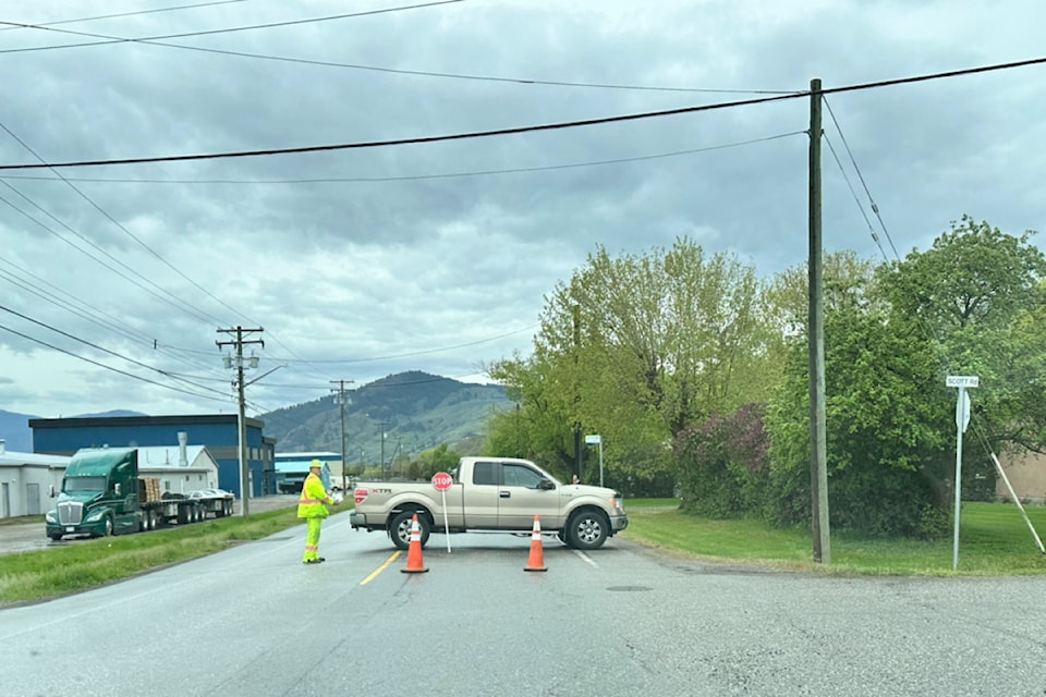 A road closure is in effect  on Okanagan Landing Road as crews attend to equipment that has led to a power outage Monday, April 28, 2025. 