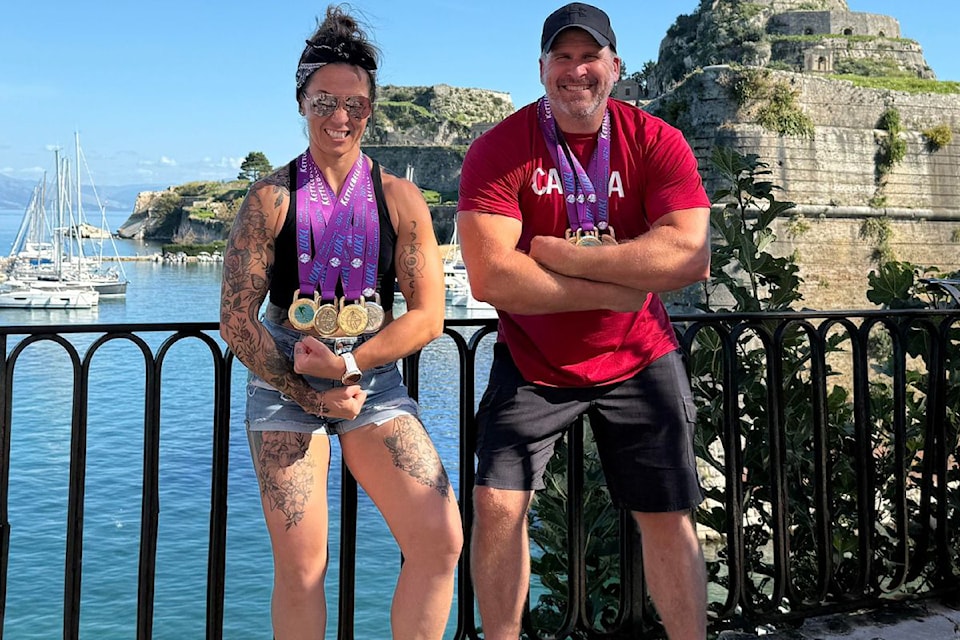 Lorraine Painchaud (left) and Todd Schweb, owners of Armstrong's Swanson Mountain Fitness, won 10 medals for Canada at the World Kettlebell Chanmpionships in Greece in October 2024. The pair will host and compete at the sixth annual North Okanagan Kettlebell Open Saturday, April 5, at the IPE Horticulture Building. The event will serve as a qualifier for Team Canada.