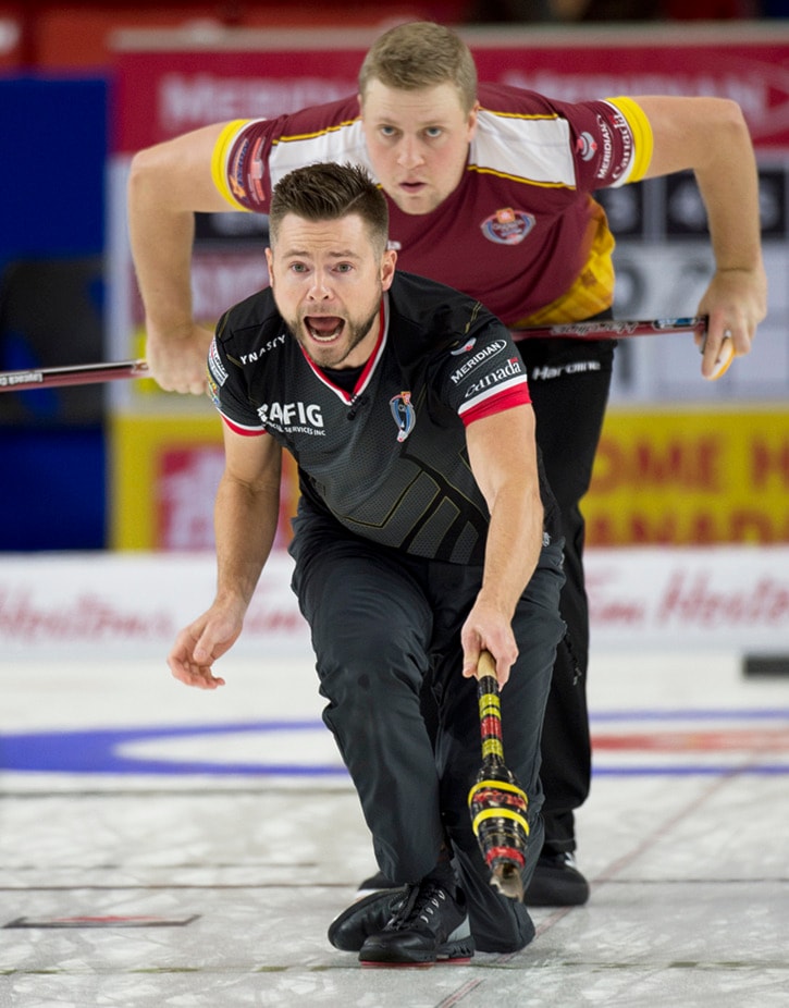 Brandon MB,November 30, 2016.Home Hardware Canada Cup of Curling.Team McEwen, skip Mike McEwen, Team Laycock second Colton Flasch.Curling Canada/michael burns photo
