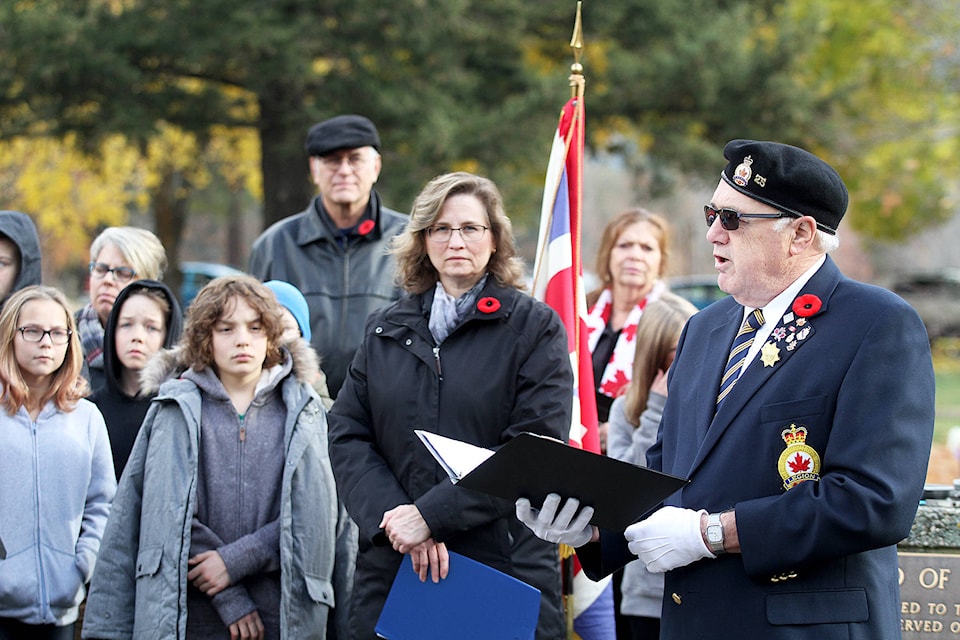 Dennis Windsor, of the Royal Canadian Legion, speaks at the No Stone Left Alone ceremony Wednesday at Pleasant Valley Cemetery. For a video of the event visit vernonmorningstar.com. (Lisa VanderVelde/Morning Star)