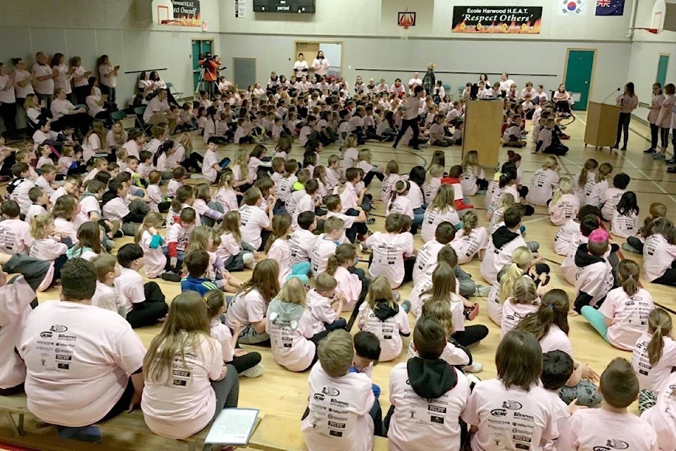 Pink Shirt Day is celebrated at Harwood elementary school in Vernon, with all students and staff presented with pink T-shirts at the school’s Feb. 26 assembly. (photo submitted)