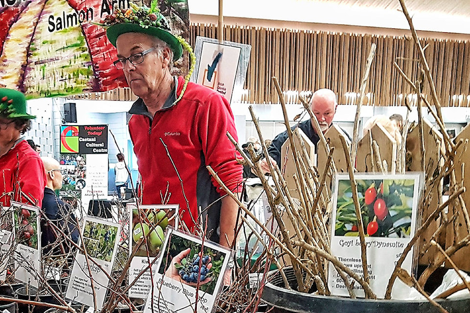 Mary-Ann van Oeveren and husband Pim describe the variety of plants they have available during the Seedy Saturday event at the Vernon Recreation Centre. (Lisa Mazurek/Morning Star)