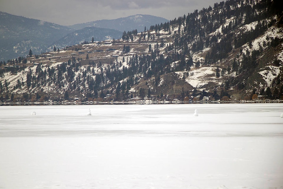 As temperatures rise, the snowmen built on Okanagan Lake will soon disappear. (Brieanna Charlebois - Morning Star)