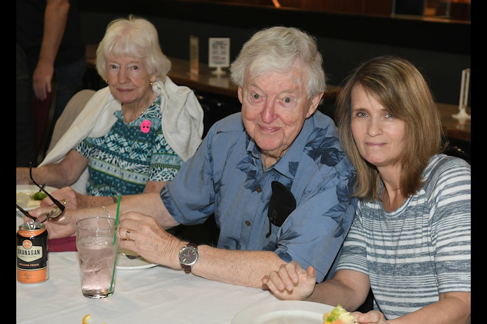 Glenn Mitchell’s parents, Marion and Lloyd Mitchell, and sister-in-law Coralee at a retirement party for the long-time former Vernon Morning Star editor.
