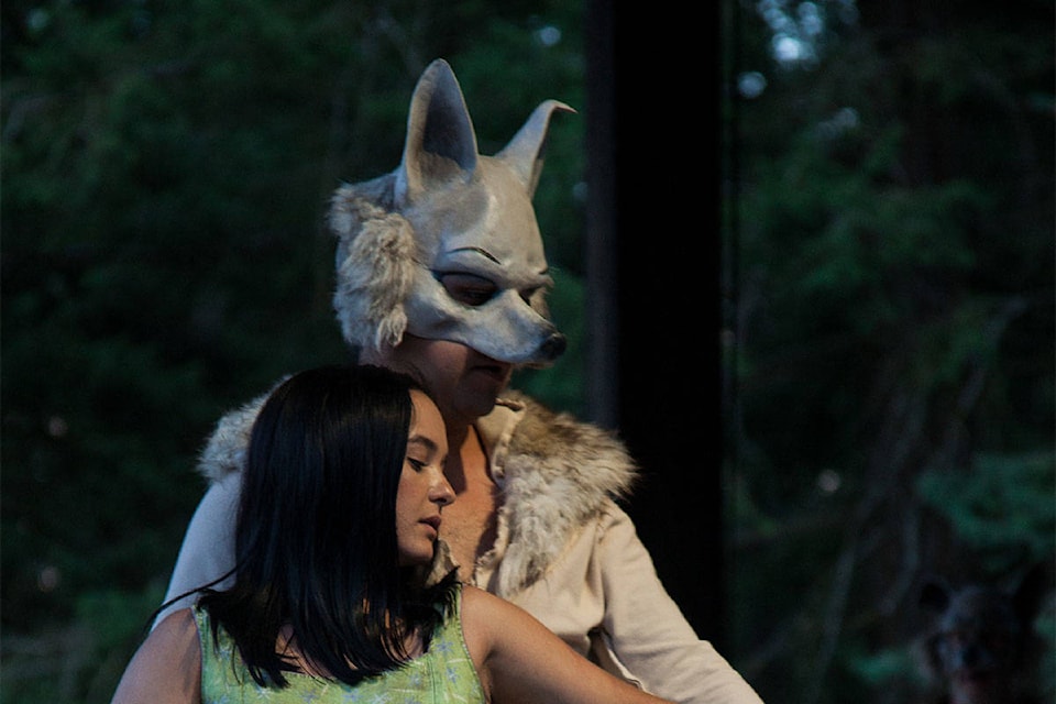 Above, Kaitlyn Yott, as Leoty, and Aaron M. Wells, as White Shadow, star in The Coyote, playing at the Caravan Farm Theatre until August 11. Top right, Wells, Michael Kennard and Peter Anderson the play three coyotes, while James Fagan Tait takes on a villainous role. Right, Anderson and Kennard are Slobberjaw and Muzzleguts, a pair of coyote tricksters Left, Christine Quintana as Vida, one of two daughters to Agnes (played by Natascha Girgis).