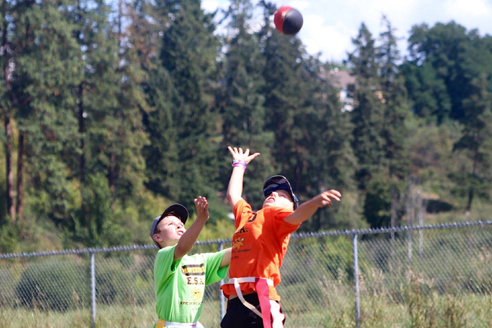 Aiden Jefcoat (left) and Lukas Fink contest for a ball in the air at this year’s Epic Sports Academy, which took place at Highland Park Elementary from Aug. 19-23. (Brendan Shykora - Morning Star)