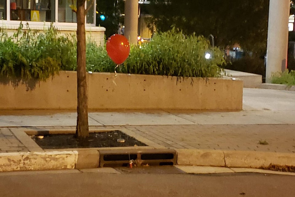 Tysen Cooke spotted a red balloon tied to a storm drain in Vernon. (Vernon Rant and Rave Facebook)