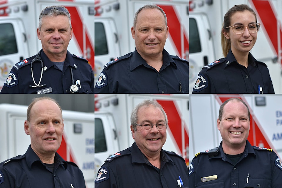 Thank you to the BC Emergency Health Services team in Vernon. From top-left: Frank Bosk has worked with BC Ambulance for 21 years; Andrew McDonald, 27 years; Rachel Leach, three years; Tom Matthews, four; Dean Perry, 28; and unit Chief Scott Lequesne, 23. (Phil McLachlan)