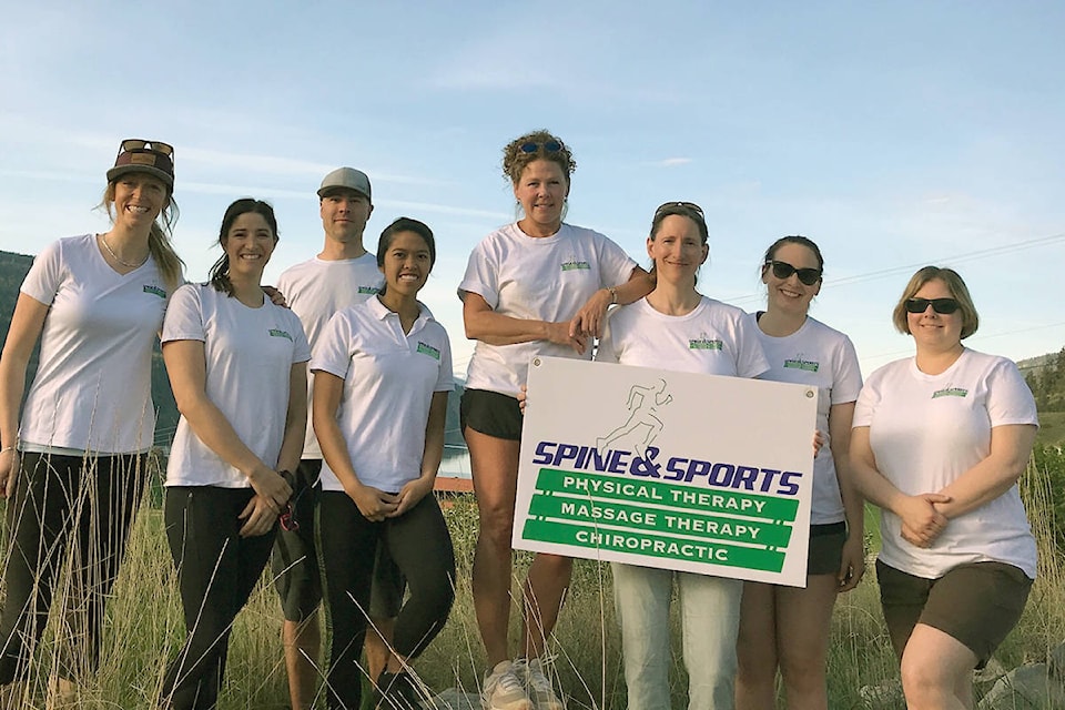 Cheryl Witter (centre) and her staff at North End Spine and Sports Physiotherapy are celebrating Witter’s 25th anniversary as a Vernon physiotherapist. She and former husband Bob Powls started Powl-Witter Spine and Sport Dec. 18, 1995. (Photo submitted)