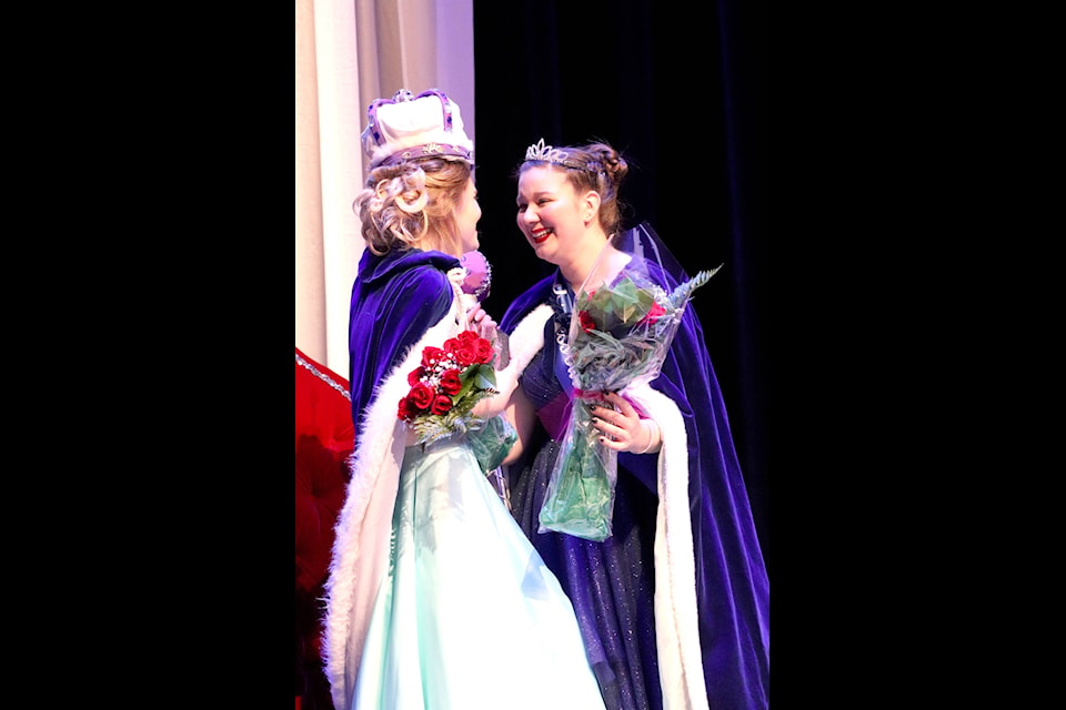 CARNIVAL CROWNS 60TH QUEEN Megan Fowles, left, and Piper Cahoon share the excitement on stage at the Vernon and District Performing Arts Centre on Feb. 7, 2020, where they were crowned Queen and Princess Silver Star respectively, the 60th. (Jennifer Smith - Morning Star)