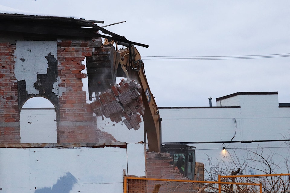 Crews demolished the decrepit building at the corner of 31st Avenue and 33rd Street in downtown Vernon Saturday, Jan. 9, 2021. The building was once home to the Royal Canadian Legion’s Vernon branch. (Brendan Shykora - Morning Star)