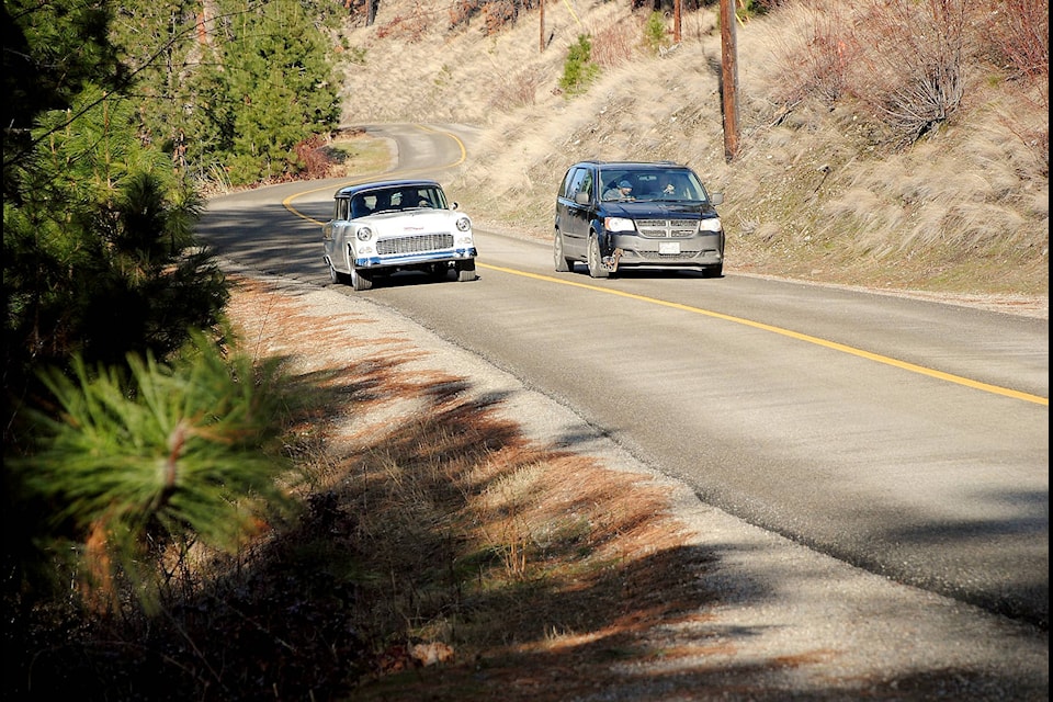 Rust Valley Restorers took a classic car for a cruise along Okanagan Centre West Road Wednesday, Feb. 3. (Wendy Innes-Shaw photo)