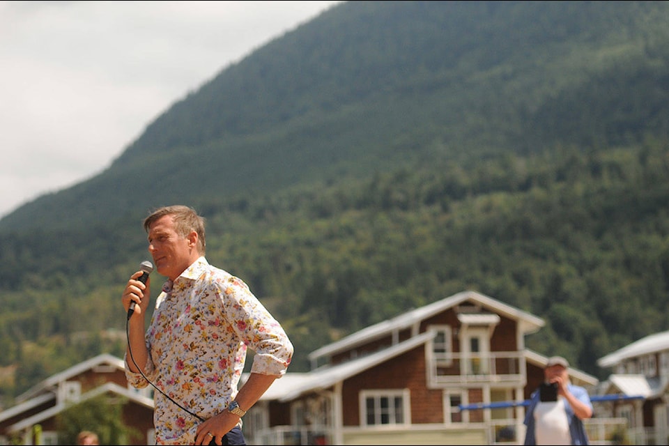 Maxime Bernier, leader of the People’s Party of Canada, speaks during a stop on his Mad Max Summer 2021 Pre-Election Tour at Yarrow Pioneer Park on Saturday, July 17, 2021. (Jenna Hauck/ Chilliwack Progress)