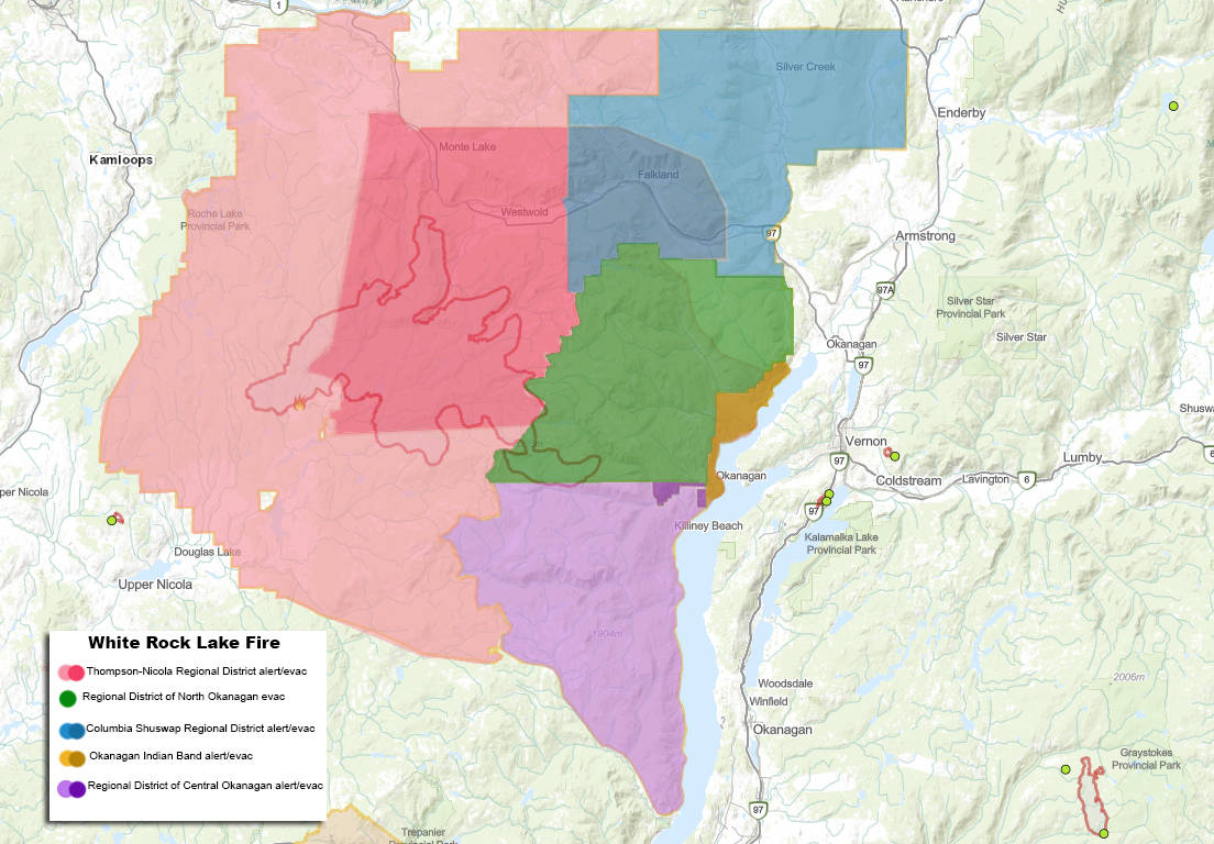A map depicting evacuation alerts and orders in effect for all municipalities affected by the White Rock Lake wildfire as of 1:10 p.m. Aug. 5, 2021. (Caitlin Clow - Vernon Morning Star infographic)