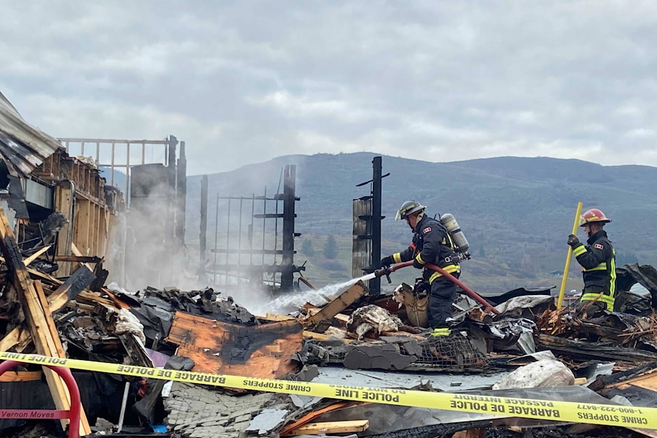 Vernon Fire Rescue Services returned to the North Valley Gymnastics Society club Nov. 2 to snuff a flare-up amid the debris. (Jennifer Smith - Vernon Morning Star)