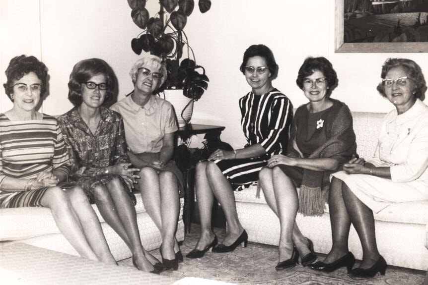 CFUW members at a September 1965 meeting: G. Coursier, E. Towgood, C. Grundy, R. Stewart, M. Anderson, M. Olmstead. (Vernon News)