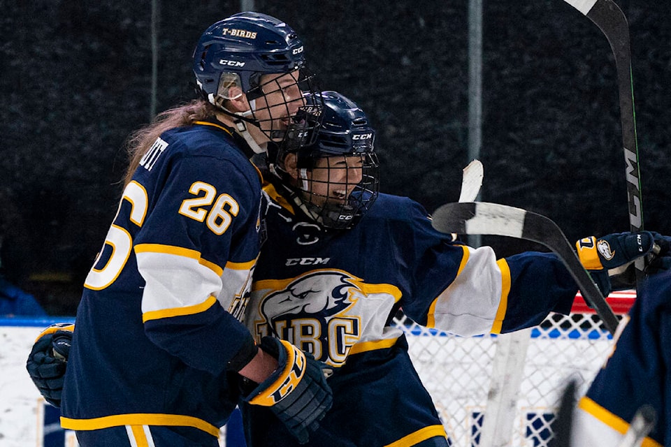 Vernon’s Jenna Fletcher (right) and the UBC Thunderbirds begin their quest for a Canadian U-Sports Women’s Hockey championship Thursday, March 24, in Charlottetown. (Rich Lam - UBC Athletics Photo)